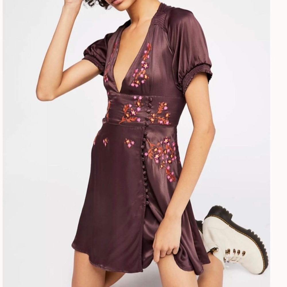 Free People Vintage Stardust Satin Plum Mini Dress with Embroidered Details